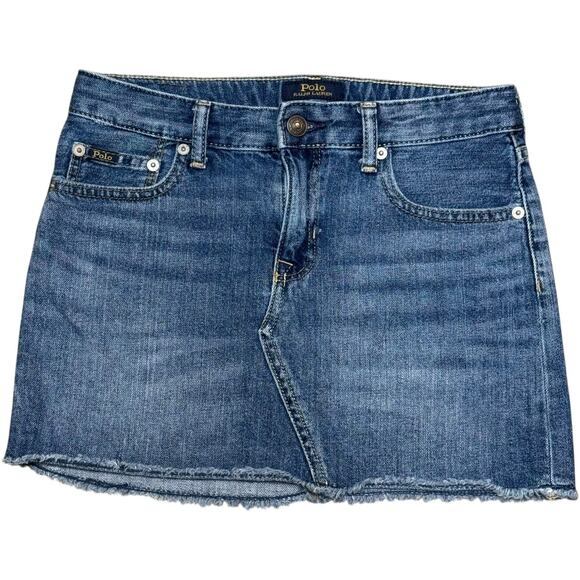 Polo Ralph Lauren Denim 5 Pocket Mini Jean Skirt Frayed Hem Large 12/14 - Picture 1 of 3